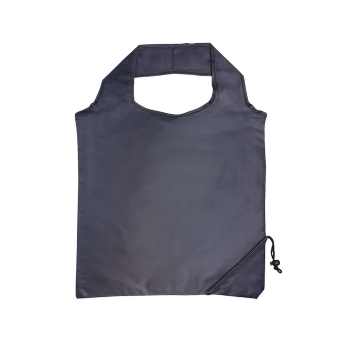 A dark blue reusable grocery bag with a simple design and a drawstring closure, featuring a logo.