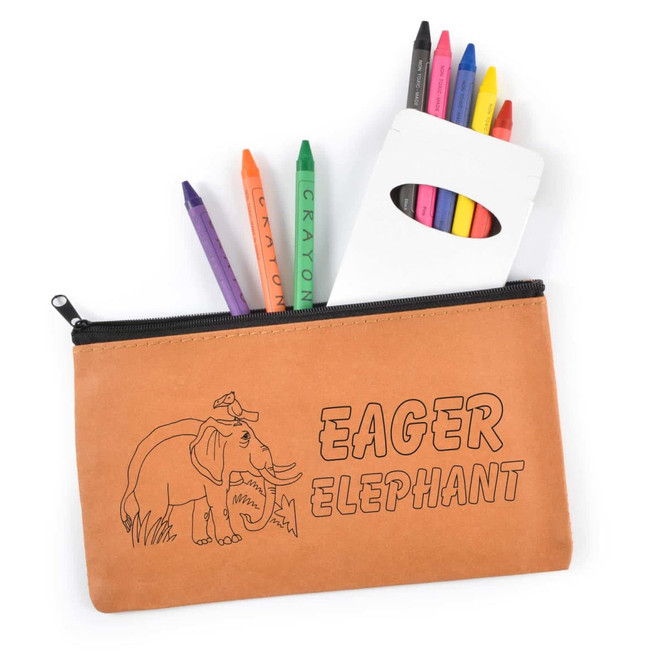 A brown zippered pouch contains colorful crayons and a white paper holder with additional crayons. A logo is visible.