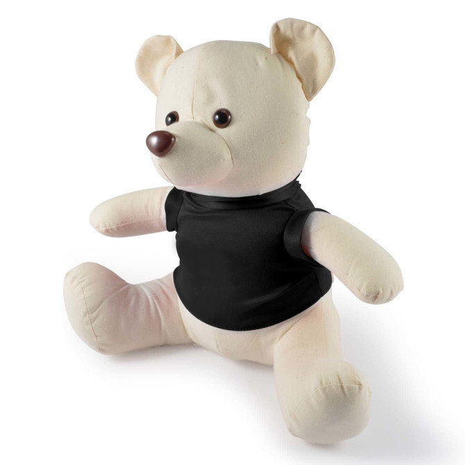 A plush calico bear with a cream-colored body and black shirt.