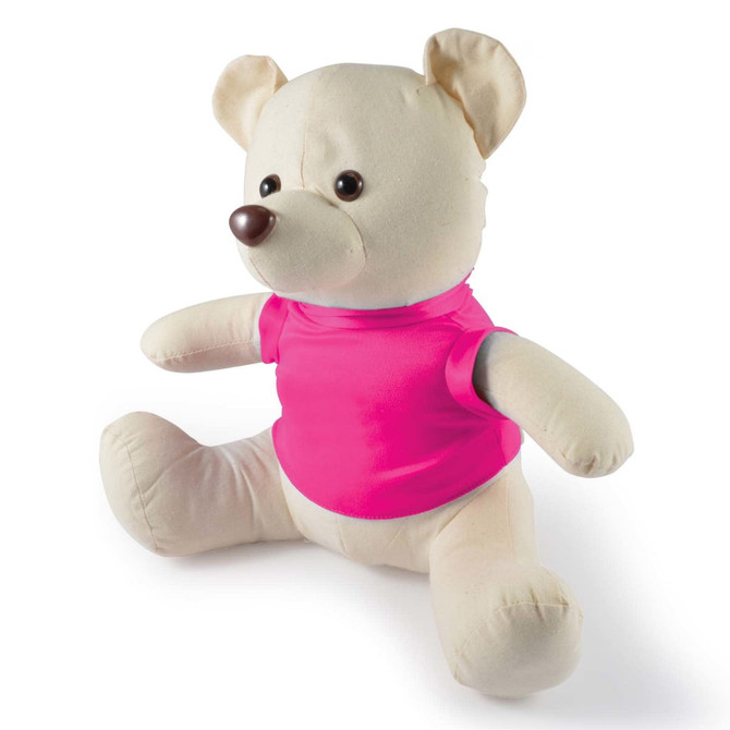 A plush bear toy dressed in a pink shirt, featuring soft cream-colored fur and a friendly facial expression.