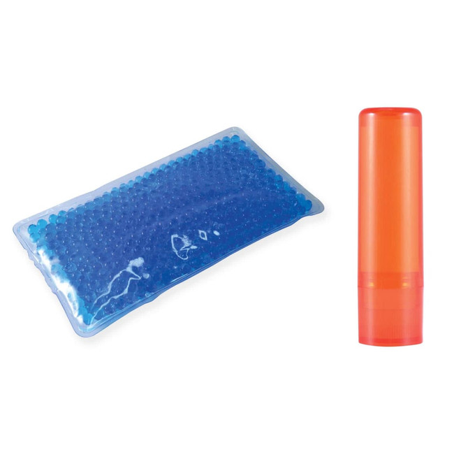 A gel pack with blue beads and an orange tube of lip balm.