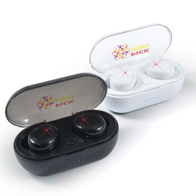 Wireless earbuds in black and white, housed in a compact charging case with a transparent lid and a logo.