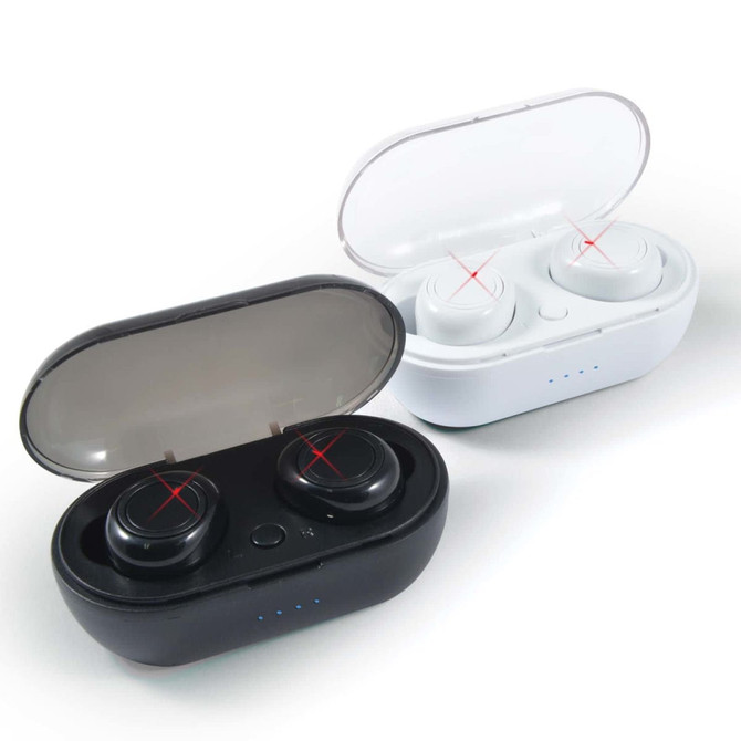 A pair of Tempest TWS earbuds in black and white, housed in a charging case with a transparent lid.