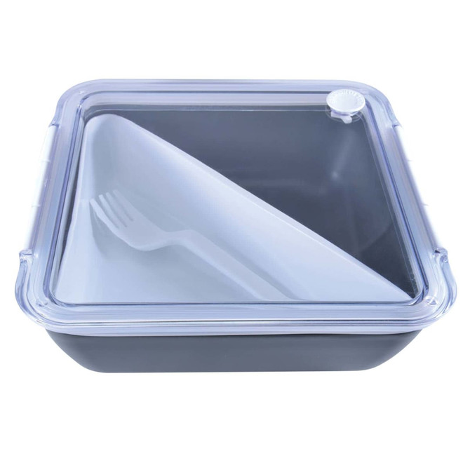 A food container in black with a transparent lid and a divided section, includes a white fork.