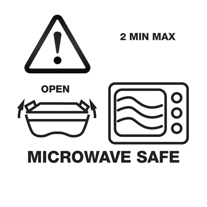 A food container design featuring microwave-safe symbols and instructions for use. It includes a caution symbol and usage guidelines.