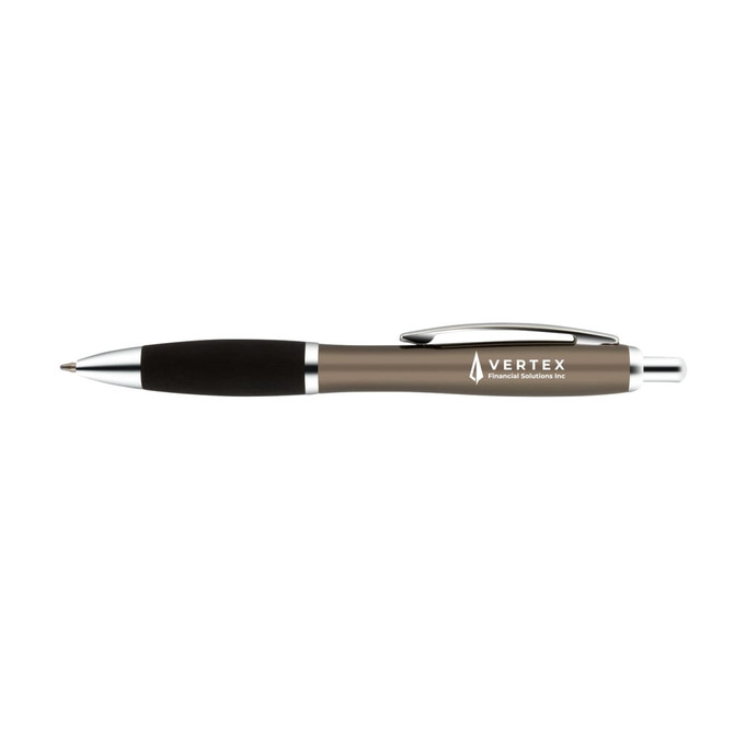 A metal pen in bronze with black grip and chrome accents, featuring a logo.
