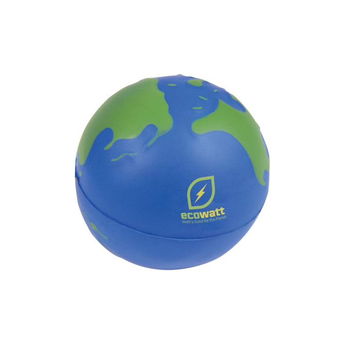 A spherical stress ball featuring blue and green colours, designed as a world globe. It has a logo on one side.