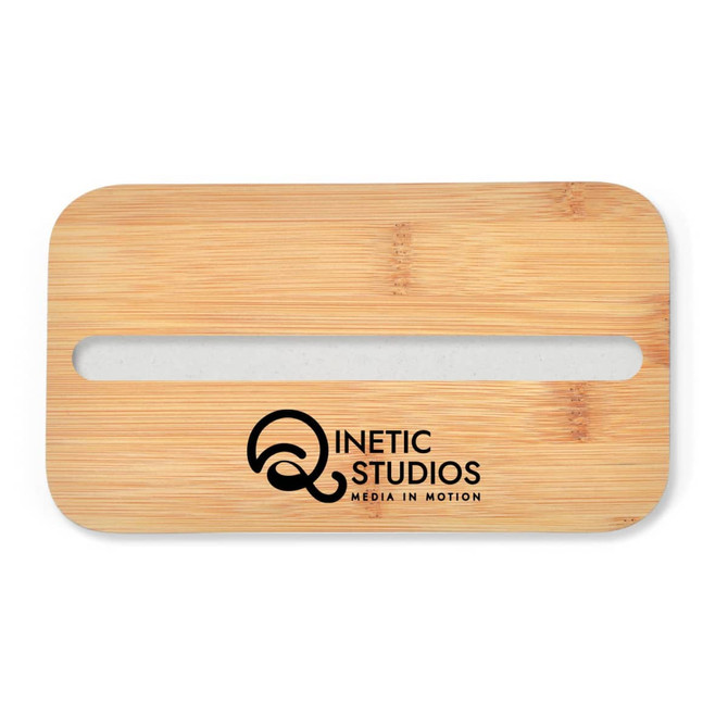A bamboo lunch box lid featuring a phone holder slot and a black logo.