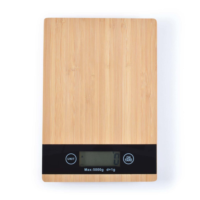 A bamboo kitchen scale with a digital display, featuring a sleek black control panel and a logo.