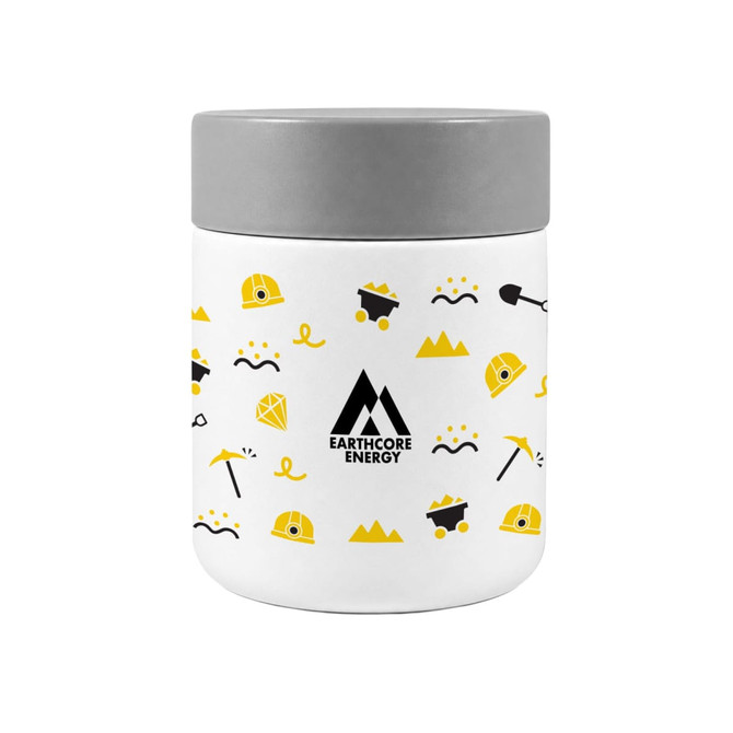 A food container in white with a grey lid, featuring mining-themed illustrations and a logo.