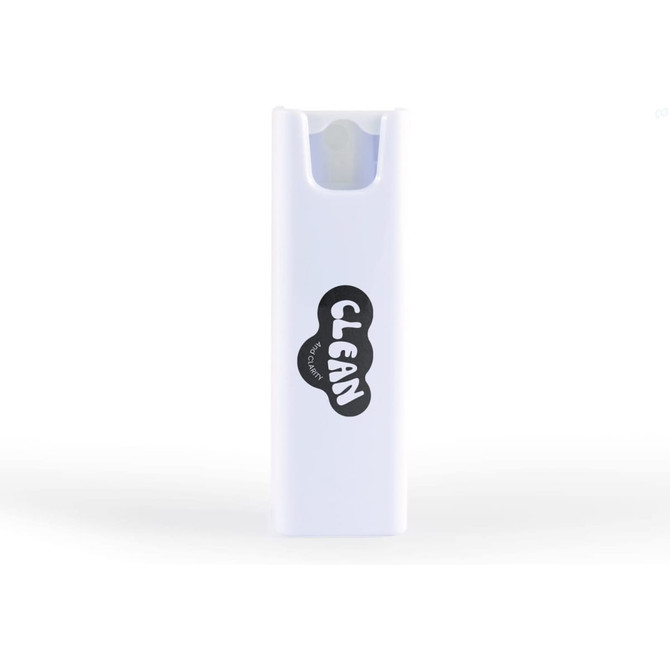 A white spray bottle for screen cleaning with a logo design. Ideal for maintaining phone and technology surfaces.