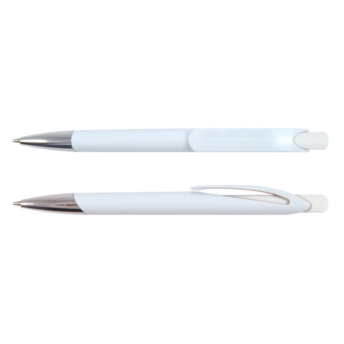 A white plastic pen with a silver clip and tip, featuring a smooth design and a glossy finish.