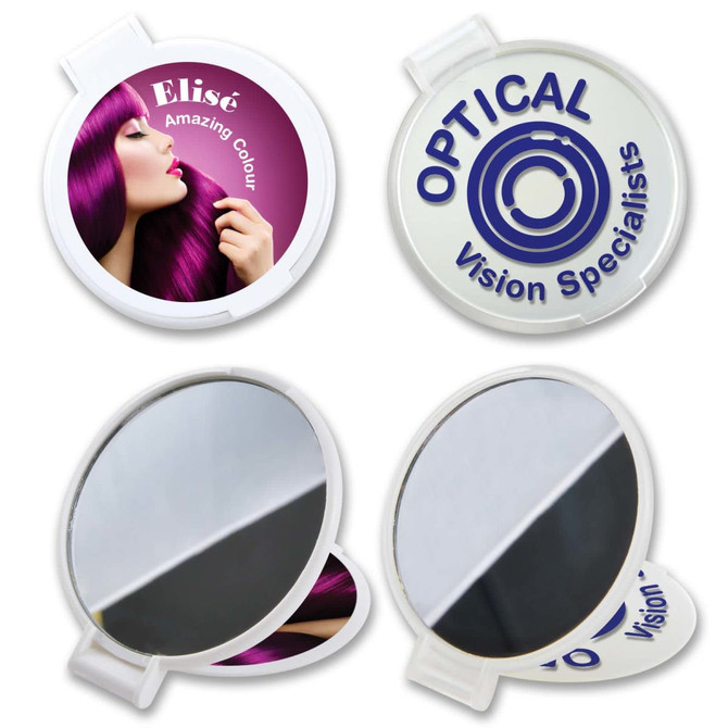 Round folding mirror with a colorful design featuring a woman with vibrant purple hair. White casing with a logo.
