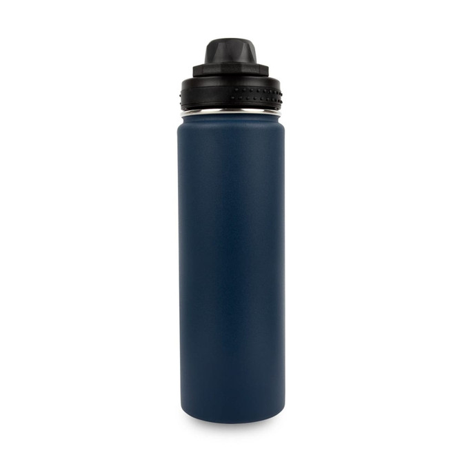 A drink bottle in dark navy blue stainless steel with a black lid and a logo on the side.