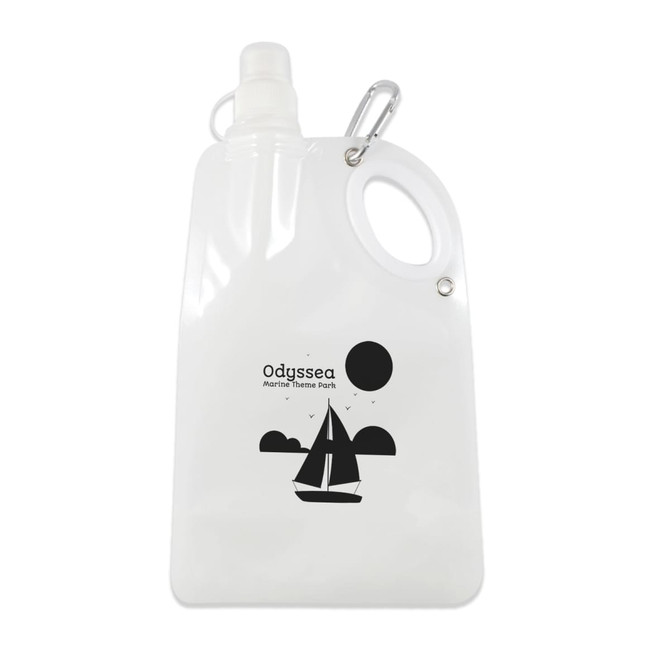 A drink bottle in clear plastic with a sailboat design and a carabiner for easy attachment.
