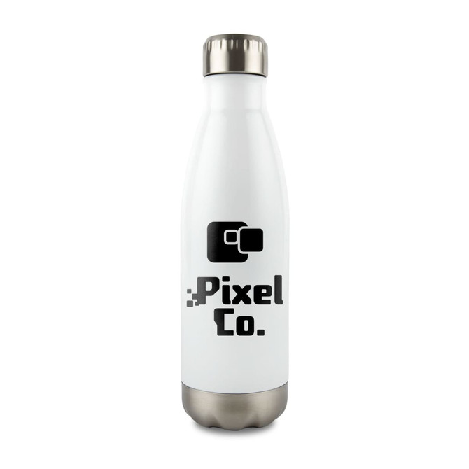 A drink bottle in white stainless steel with a metal cap and a logo on the front.