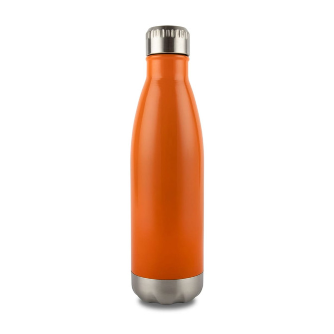 A drink bottle in bright orange with a stainless steel bottom and cap, featuring a sleek design and a logo.