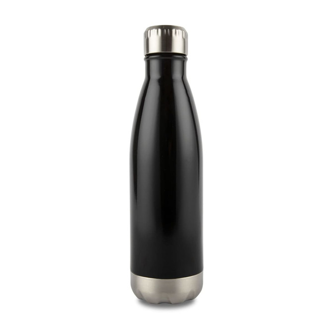 A drink bottle made of stainless steel, featuring a sleek black finish and a silver base. It has a logo.