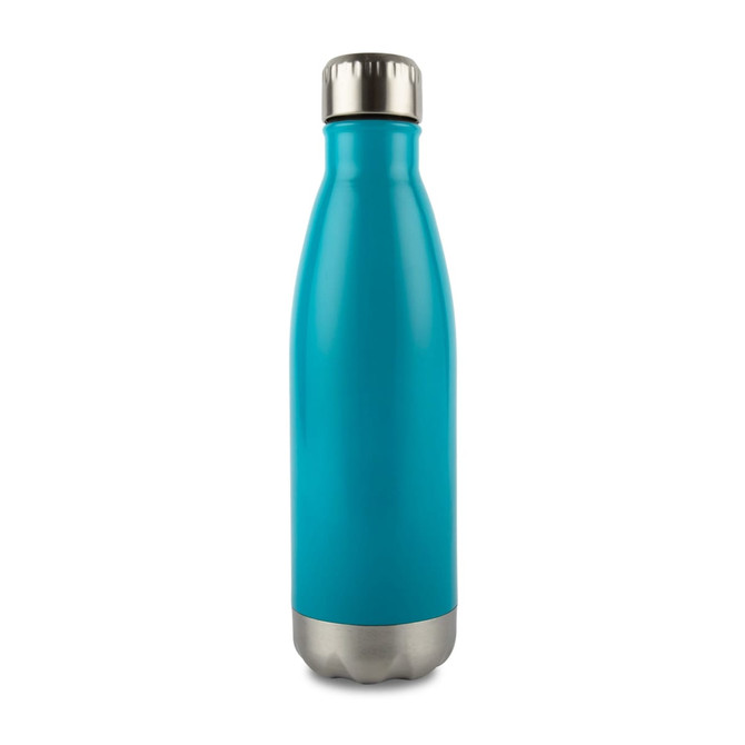 A drink bottle in a vibrant turquoise colour with a stainless steel base and a screw-top lid. It features a logo.