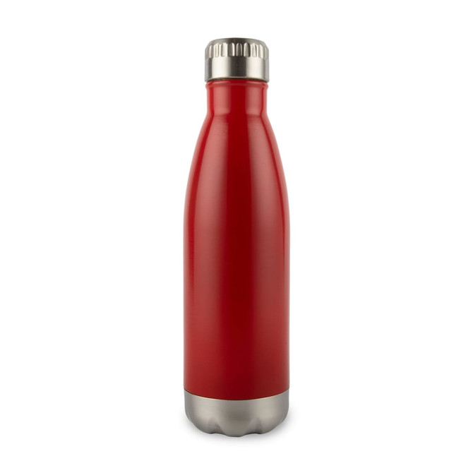 A drink bottle in a sleek red design with a stainless steel base and a screw-on cap.
