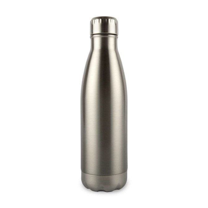 A drink bottle with a sleek, stainless steel design, featuring a screw-on cap and a rounded bottom.