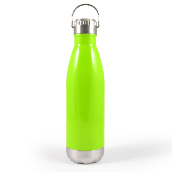 A drink bottle in a vibrant green color features a stainless steel bottom and a metal hanger lid.