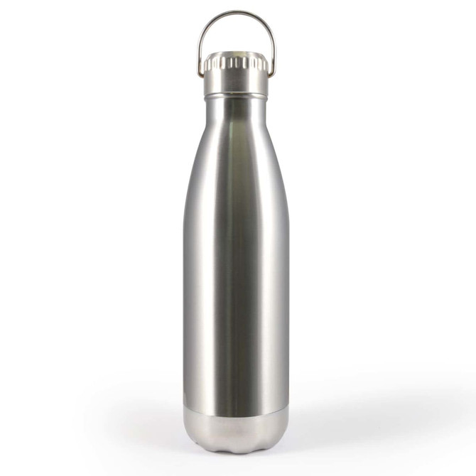 A drink bottle with a sleek stainless steel design and a hanger lid for easy carrying.