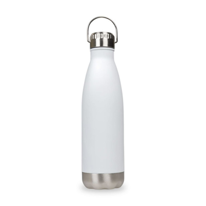 A drink bottle in white with a stainless steel base and a hanger lid, featuring a logo.
