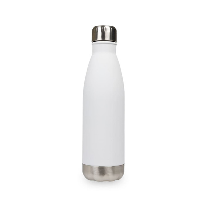 A drink bottle in a sleek white finish with a stainless steel base and lid, featuring a logo.