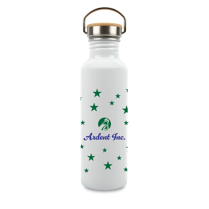 A drink bottle in white featuring a green logo and star pattern, topped with a wooden cap and metal handle.