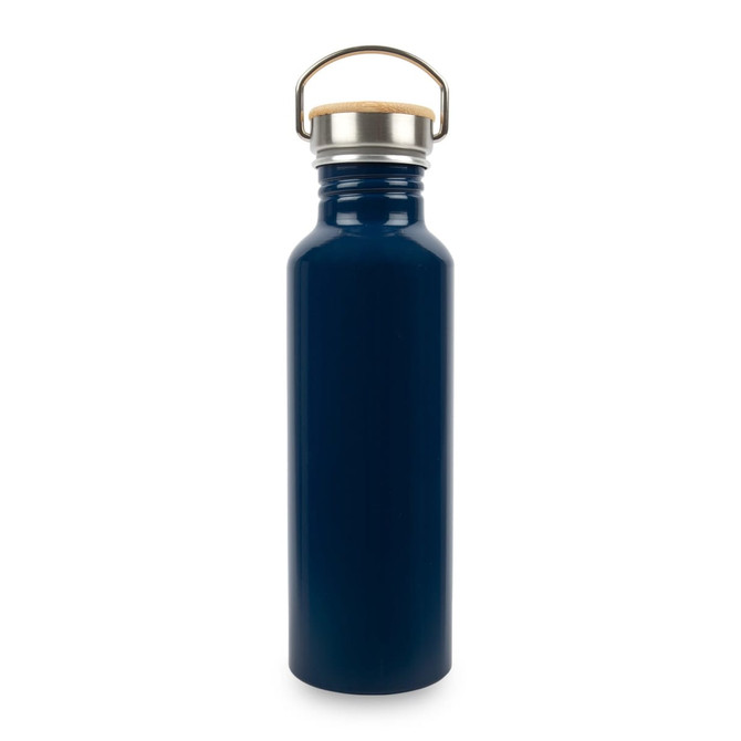 A drink bottle made of recycled aluminium in navy blue, featuring a silver cap and a wooden handle.