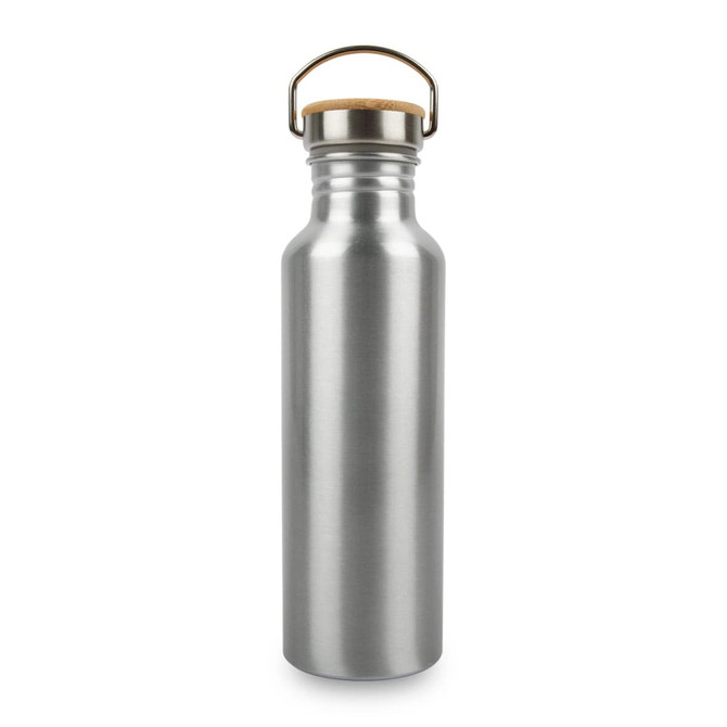 A drink bottle made of recycled aluminium, featuring a silver finish and a wooden cap. It includes a branding logo.