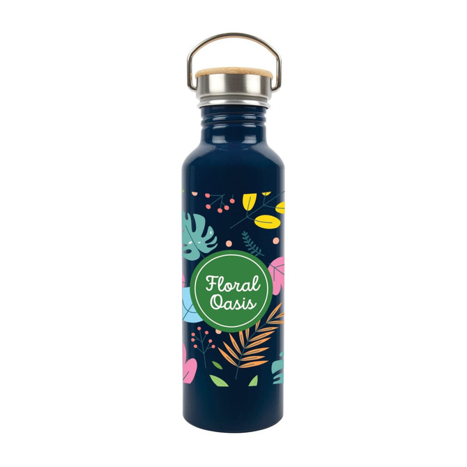 A drink bottle in navy blue, featuring a floral design and a metal cap, with a logo on the front.