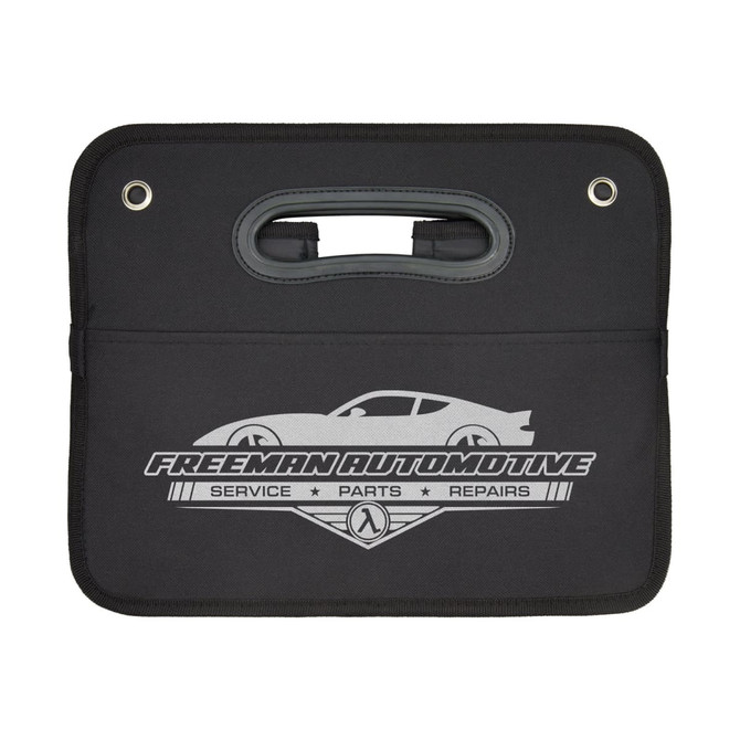 A black storage organiser with a handle and a logo featuring a car silhouette.