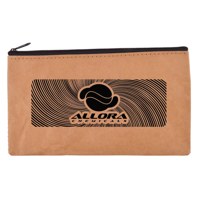 A kraft pouch featuring a zip closure and a bold black logo design, suitable for storing toiletries or accessories.