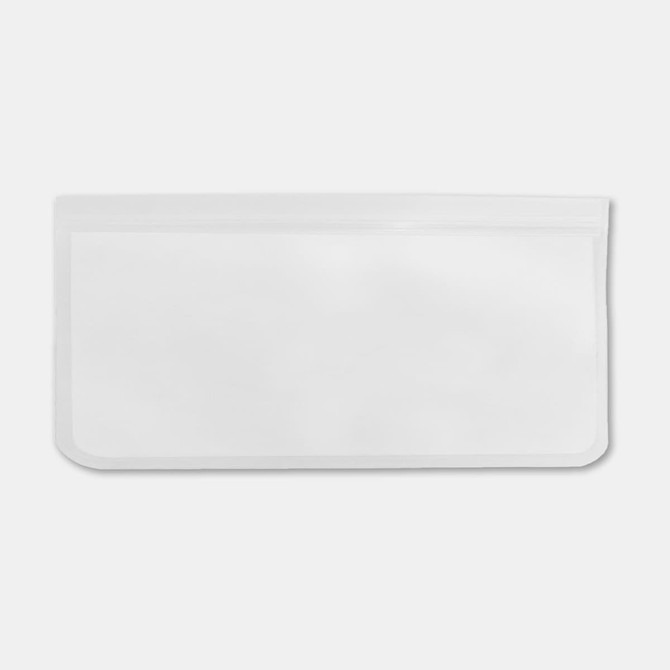 A transparent PEVA reusable food storage bag, featuring a zip closure, measuring 21.5cm x 12cm.