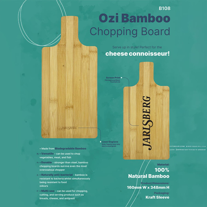 A bamboo chopping board with a natural finish, featuring a logo and an ergonomic handle design.