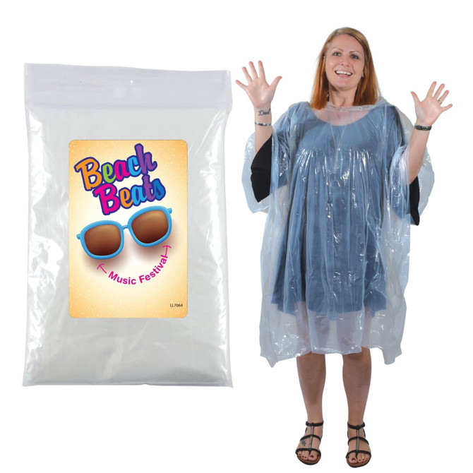 A transparent poncho with arm openings is displayed next to a smiling woman wearing it.