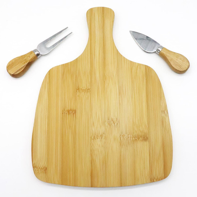 A bamboo cheeseboard with two wooden-handled cheese knives. The set includes a knife and a fork.