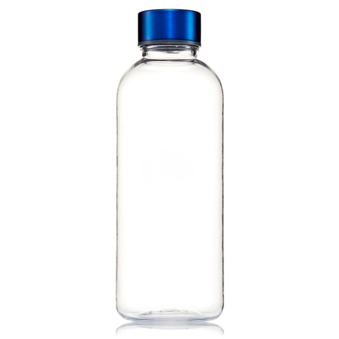 A drink bottle made of clear Tritan material with a blue screw-on lid. It has a sleek, modern design.