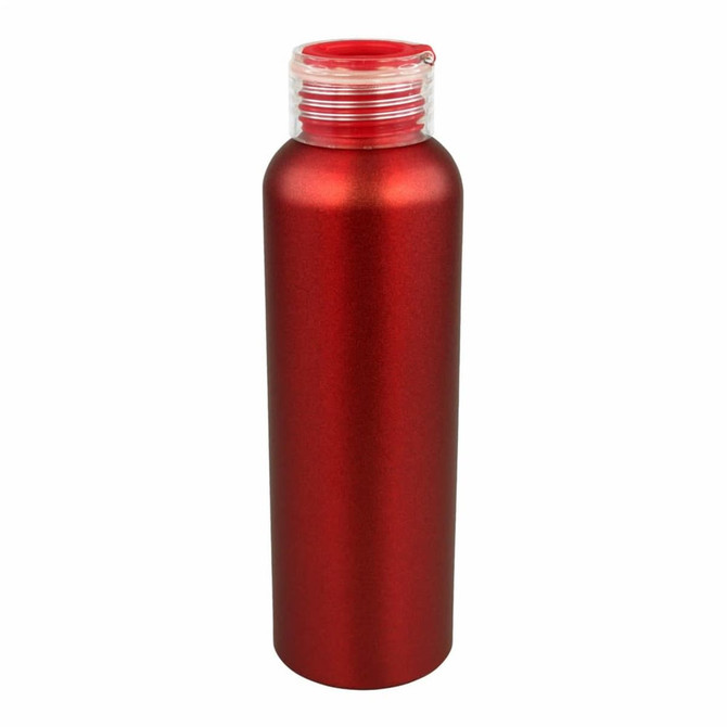 A drink bottle featuring a 600ml capacity, sleek red aluminium design, and a transparent lid, with a logo.
