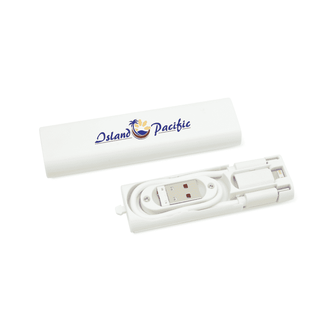 A white travel kit containing neatly rolled charging cables, enclosed in a matching case with a logo.