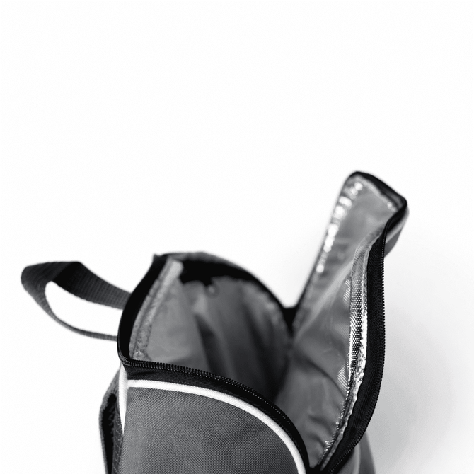 A grey picnic backpack with a zippered opening, featuring an insulated interior for food and drinks.