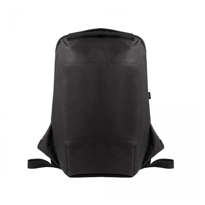 A black ECO NOVA computer backpack featuring a sleek design and adjustable straps. It has a branding logo.