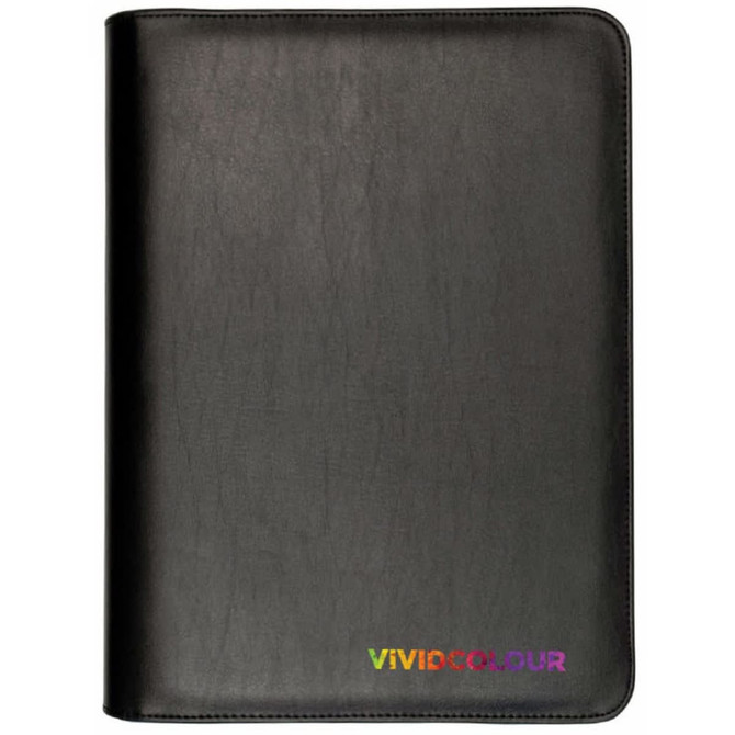 A black zippered compendium with a textured surface and a subtle branding logo at the bottom.