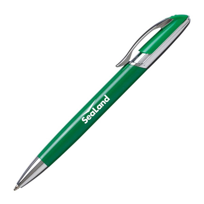 A green metal pen with a silver clip and branding on the barrel.