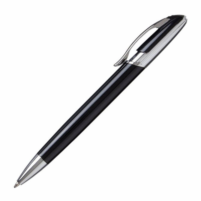 A metal pen with a sleek black barrel and silver accents. It features a clip and a pointed tip for writing.