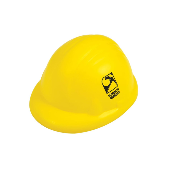 A yellow hard hat stress reliever with a black logo. Suitable for stress relief and fun.