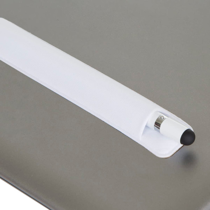 A metal pen with a white grip and a black tip resting on a grey surface. The pen has a branding logo.