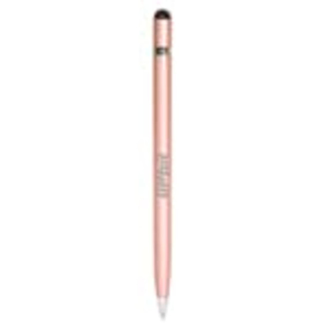 A metal pen in a rose gold finish with a logo. Features a smooth writing tip and a textured grip.